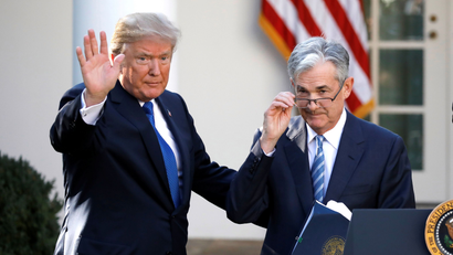 U.S. President Donald Trump gestures with Jerome Powell, his nominee to become chairman of the U.S. Federal Reserve at the White House in Washington, U.S., November 2, 2017. REUTERS/Carlos Barria TPX IMAGES OF THE DAY - RC16731B2040