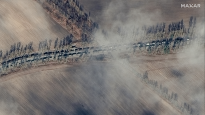 A Russian military convoy is spotted by satellite 40 miles outside Kyiv on Feb. 27, 2022.