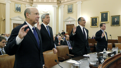 From left to right, Lloyd Blankfein, chief executive of Goldman Sachs Group, Jamie Dimon, chief executive of JPMorgan Chase, John Mack, chairman of Morgan Stanley, and Brian Moynihan, chief executive of Bank of America are sworn in before their testimony at the Financial Crisis Inquiry Commission (FCIC) and its first public hearing in Washington January 13, 2010.