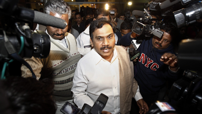 India's former telecommunications minister Raja comes out of the airport in New Delhi