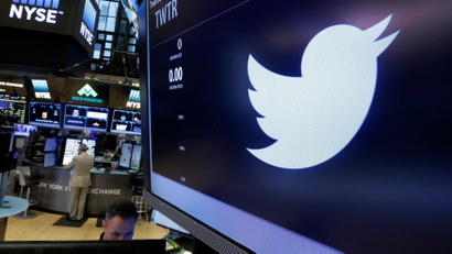The Twitter logo appears at the post where it trades, on the floor of the New York Stock Exchange, Friday, June 17, 2016. (AP Photo/Richard Drew)