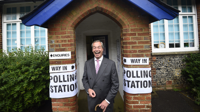 Nigel Farage, the leader of the United Kingdom Independence Party, arrives to vote in the EU referendum at a polling station in Biggin Hill