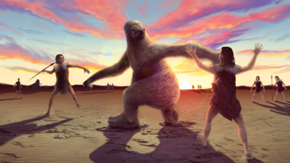 An artist's illustration of two humans hunting a sloth.