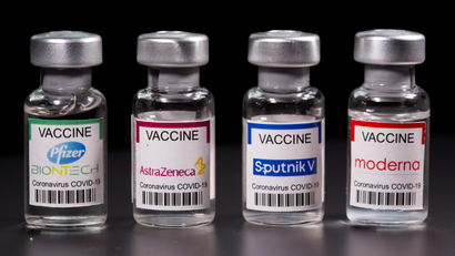 Vials of Pfizer, Moderna, AstraZeneka, SputnikCovid-19 vaccine displayed side by side.