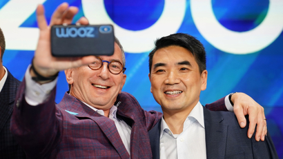 Eric Yuan, CEO of Zoom Video Communications poses for a photo after he took part in a bell ringing ceremony at the NASDAQ MarketSite in New York, New York, U.S., April 18, 2019. REUTERS/Carlo Allegri - RC1FEDE1D3A0