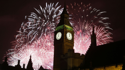 Fireworks explode over Elizabeth Tower housing the Big Ben.