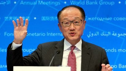 World Bank President Jim Yong Kim speaks during a news conference at World Bank/IMF Annual Meetings in Washington, Thursday, Oct. 12, 2017.
