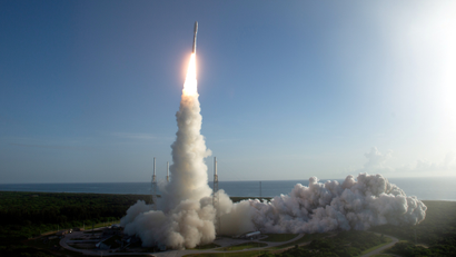 A rocket launches NASA's Mars 2020 mission from Cape Canaveral.