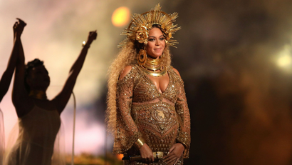 Beyonce performing at the 59th annual Grammy Awards in Los Angeles.