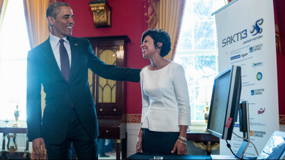 President Barack Obama meets with Ann Marie Sastry, Ann Arbor, Mich., of Sakti3 as he hosted top innovators and startup founders from across the country for the first White House Demo Day, Tuesday, Aug. 4, 2015, in the White House in Washington.
