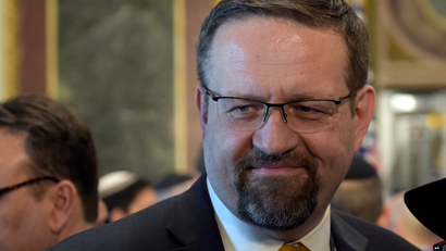 Deputy assistant to President Trump Sebastian Gorka talks with people in the Treaty Room in the Eisenhower Executive Office Building on the White House complex in Washington, Tuesday, May 2, 2017, during a ceremony commemorating Israeli Independence Day.