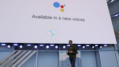 Google CEO Sundar Pichai speaks on stage during the annual Google I/O developers conference in Mountain View, California, May 8, 2018.