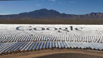 The Google logo is spelled out in heliostats (mirrors that track the sun and reflect the sunlight onto a central receiving point) during a tour of the Ivanpah Solar Electric Generating System in the Mojave Desert near the California-Nevada border.