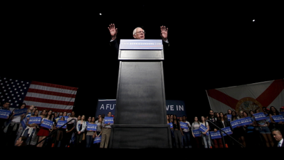 Democratic U.S. presidential candidate Senator Bernie Sanders speaks to supporters on the night of the Michigan, Mississippi and other primaries at his campaign rally in Miami, Florida March 8, 2016.