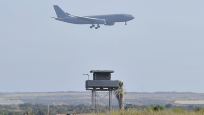 An AirTanker Airbus Voyager aircraft prepares to land at a British base at Akrotiri, near the city of Limassol, in Cyprus August 29 2013.