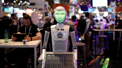 A 'SociBot' humanoid robot, manufactured by Engineered Arts, is displayed at the Viva Technology conference in Paris