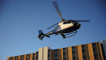 An air ambulance helicopter takes off from Memorial Medical Center during a surge of coronavirus disease (COVID-19) cases in Las Cruces