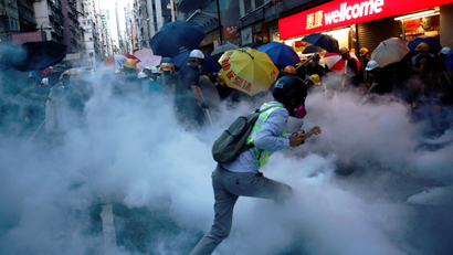 Demonstrators clash with police during a protest against police violence during previous marches, near China's Liaison Office, Hong Kong, China July 28 2019