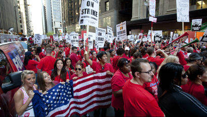 A teachers union strike in the streets of Chicago.