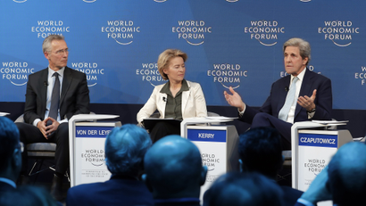Jens Stoltenberg, Secretary General of NATO, Germany's Minister of Defence Ursula von der Leyen, and former United States Secretary of State John Kerry, participate in a panel discussion at the 2019 meeting of the World Economic Forum in Davos, Switzerland.