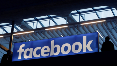 Facebook logo is seen at a start-up companies gathering at Paris' Station F in Paris