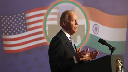 U.S. Vice President Biden delivers an address at the Bombay Stock Exchange in Mumbai