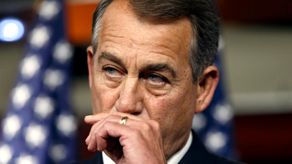 House Speaker John Boehner of Ohio, reflects on the stunning primary defeat of House Majority Leader Eric Cantor of Va., Thursday, June 12, 2014, during a news conference on Capitol Hill in Washington. Cantor announced Wednesday that he will resign his leadership post at the end of next month, clearing the way for a potentially disruptive Republican shake-up just before midterm elections with control of Congress at stake. Boehner told reporters he's declining to take sides in the contest to replace Cantor as House majority leader.