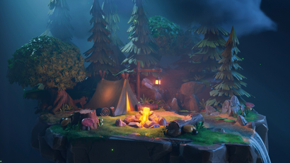 An image from the Loona app of a campfire and tent in a forest