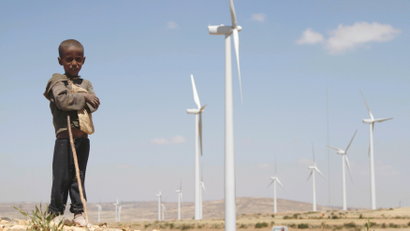 Boy near a wind farm in Ethiopia