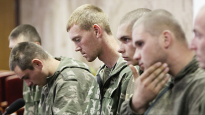 Russian soldiers captured in Ukraine at a news conference on Aug. 27, 2014.