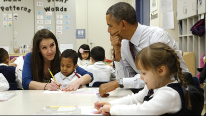 elementary school students with teacher and obama