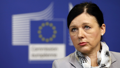 EU justice commissioner Vera Jourova gives an unimpressed look.