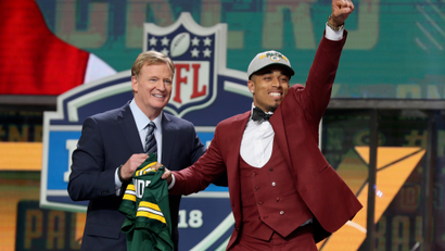 NFL commissioner Roger Goodell with Jaire Alexander as he is selected for the Green Bay Packers in April 2018.