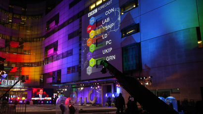 The results of exit polls are projected on to the side of Broadcasting House, the headquarters of the BBC, after voting closed in Britain's general election, in central London, May 8, 2015.