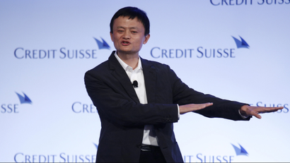 Jack Ma, chairman of China's largest e-commerce firm Alibaba Group, gestures during a conference in Hong Kong.