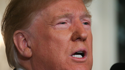 Closeup of Trump as he c Trump condemns shootings in El Paso and Dayton in White House on Aug. 5.