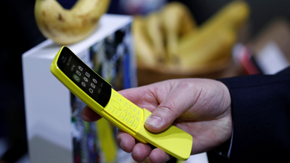 The new Nokia 8110 is seen during the Mobile World Congress in Barcelona