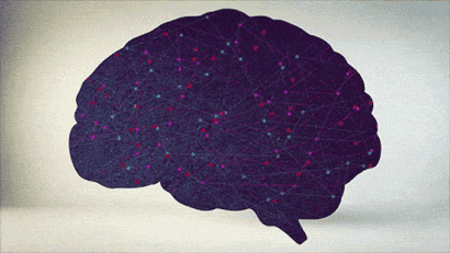 A human brain overlaid with a network of colored nodes.