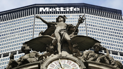 The MetLife building towers above Jules-Alexis Coutane's statue of Mercury on Grand Central Terminal in New York.