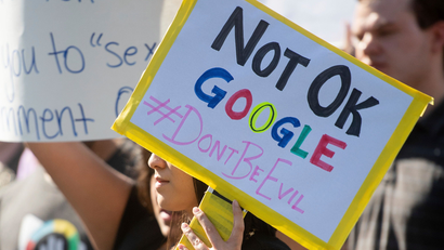 Workers protest against Google's handling of sexual misconduct allegations at the company's Mountain View, Calif., headquarters on Thursday, Nov. 1, 2018. (AP Photo/Noah Berger)