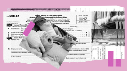 snapshot of newborn, broken arm, and tropical vacation overlaid on employee benefit documents