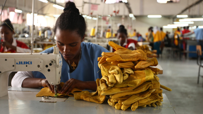 A woman stitches leather gloves at the Pittards world class leather manufacturing company in Ethiopia's capital Addis Ababa, March 22, 2016. Picture taken March 22, 2016.