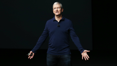 Apple Inc CEO Tim Cook makes his closing remarks during an Apple media event in San Francisco, California, U.S.