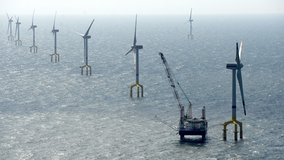 Windmills of the wind farm BARD Offshore 1, are pictured 100 kilometres north-west of the German island of Borkum