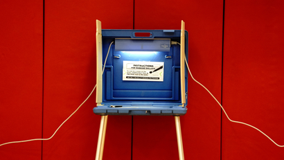 A privacy booth for voting is seen on Election Day at a polling station inside Knapp Elementary School in Racine, Racine County, Wisconsin