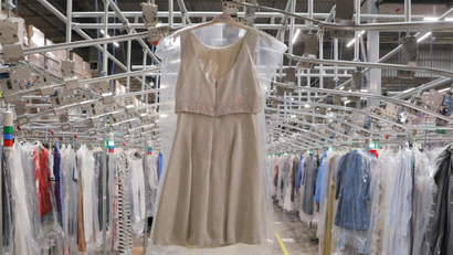 A dress in plastic at Rent the Runway's huge New Jersey fulfillment center.