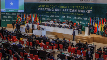 African leaders attend a meeting to sign a free trade deal that would create a liberalized market for goods and services across the continent, in Kigali, Rwanda March 21, 2018.