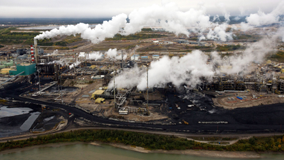 The Suncor tar sands processing plant near the Athabasca River at their mining operations near Fort McMurray, Alberta.