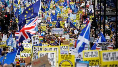 EU supporters, calling on the government to give Britons a vote on the final Brexit deal, participate in the 'People's Vote' march in central London, Britain March 23, 2019.
