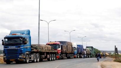 Transit trucks queue for customs processing are pictured at the border crossing point between Kenya and Tanzania in Namanga.